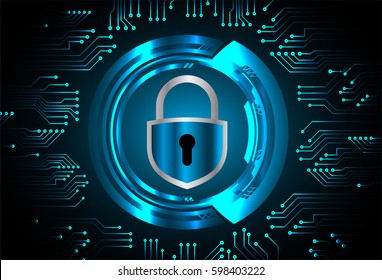 Safety concept, Closed Padlock on digital, cyber security, Blue abstract hi speed internet technology background illustration. key