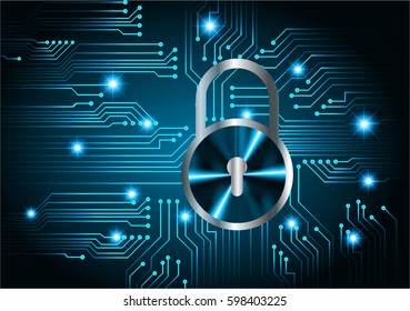 Safety concept, Closed Padlock on digital, cyber security, Blue abstract hi speed internet technology background illustration. key