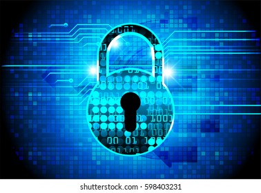 Safety concept, Closed Padlock on digital, cyber security, Blue abstract hi speed internet technology background illustration. key