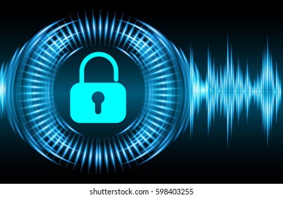 Safety concept, Closed Padlock on digital, cyber security, Blue abstract hi speed internet technology background illustration. key