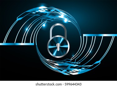 Safety concept, Closed Padlock on digital, security, Blue abstract hi speed internet technology background illustration. key vector. 