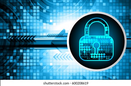 Safety concept, Closed Padlock on digital, cyber security, Blue abstract hi speed internet technology background illustration. key