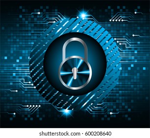 Safety concept, Closed Padlock on digital, cyber security, Blue abstract hi speed internet technology background illustration. key