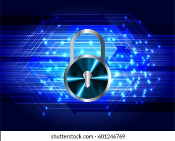 Safety concept, Closed Padlock on digital, cyber security, Blue abstract hi speed internet technology background illustration. key