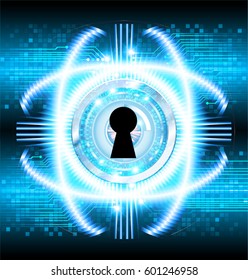 Safety concept, Closed Padlock on digital, cyber security, Blue abstract hi speed internet technology background illustration. key