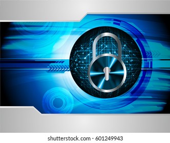 Safety concept, Closed Padlock on digital, cyber security, Blue abstract hi speed internet technology background illustration. key
