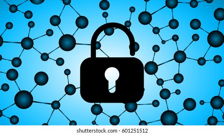 Safety concept, Closed Padlock on digital, cyber security, Blue abstract hi speed internet technology background illustration. key DNA