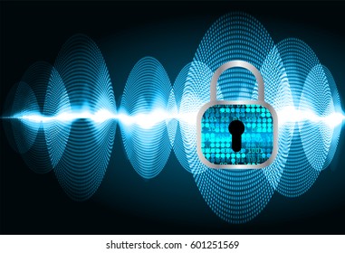 Safety concept, Closed Padlock on digital, cyber security, Blue abstract hi speed internet technology background illustration. key