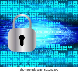 Safety concept, Closed Padlock on digital, cyber security, Blue abstract hi speed internet technology background illustration. key