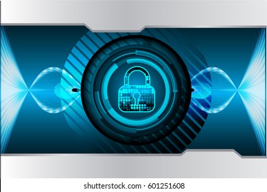 Safety concept, Closed Padlock on digital, cyber security, Blue abstract hi speed internet technology background illustration. key