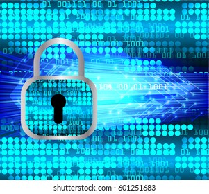Safety concept, Closed Padlock on digital, cyber security, Blue abstract hi speed internet technology background illustration. key