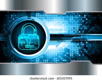 Safety concept, Closed Padlock on digital, cyber security, Blue abstract hi speed internet technology background illustration. key