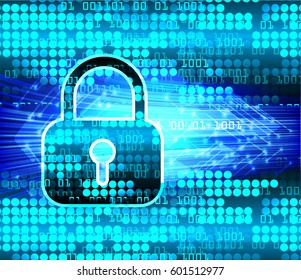 Safety concept, Closed Padlock on digital, cyber security, Blue abstract hi speed internet technology background illustration. key