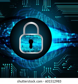 Safety concept, Closed Padlock on digital, cyber security, Blue abstract hi speed internet technology background illustration. key