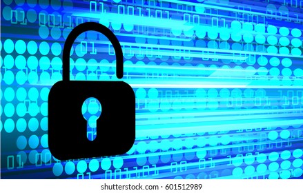 Safety concept, Closed Padlock on digital, cyber security, Blue abstract hi speed internet technology background illustration. key