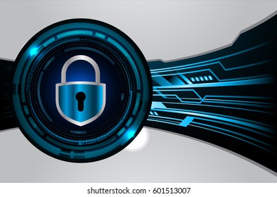 Safety concept, Closed Padlock on digital, cyber security, Blue abstract hi speed internet technology background illustration. key