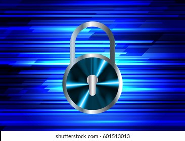 Safety concept, Closed Padlock on digital, cyber security, Blue abstract hi speed internet technology background illustration. key