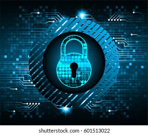 Safety concept, Closed Padlock on digital, cyber security, Blue abstract hi speed internet technology background illustration. key