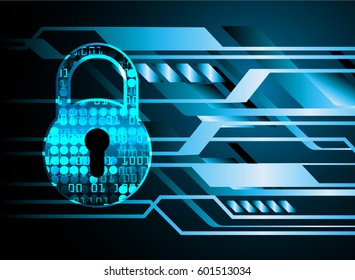 Safety concept, Closed Padlock on digital, cyber security, Blue abstract hi speed internet technology background illustration. key