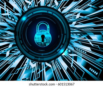 Safety concept, Closed Padlock on digital, cyber security, Blue abstract hi speed internet technology background illustration. key