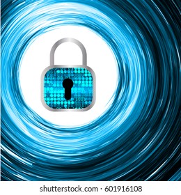 Safety concept, Closed Padlock on digital, cyber security, Blue abstract hi speed internet technology background illustration. key