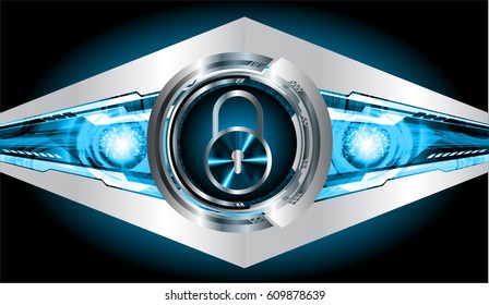 Safety concept, Closed Padlock on digital background, cyber security, Blue abstract hi speed internet technology background illustration. key