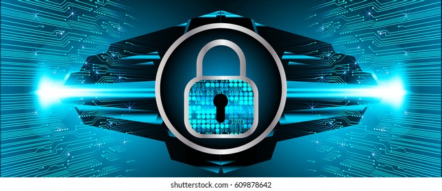 Safety concept, Closed Padlock on digital background, cyber security, Blue abstract hi speed internet technology background illustration. key