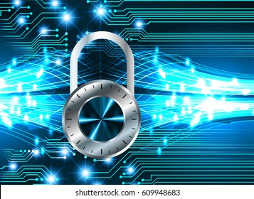 Safety concept, Closed Padlock on digital background, cyber security, Blue abstract hi speed internet technology background illustration. key