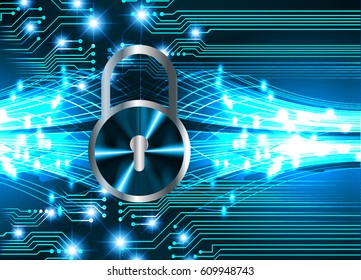 Safety concept, Closed Padlock on digital background, cyber security, Blue abstract hi speed internet technology background illustration. key
