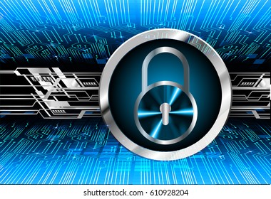 Safety concept, Closed Padlock on digital background, cyber security, Blue abstract hi speed internet technology background illustration. key