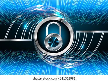 Safety concept, Closed Padlock on digital background, cyber security, Blue abstract hi speed internet technology background illustration. key