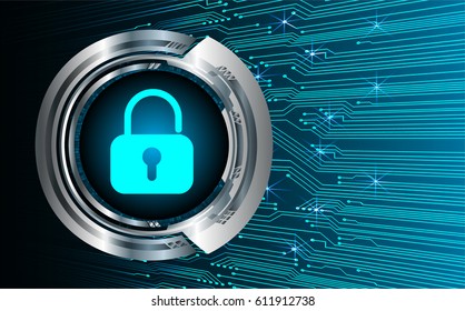 Safety concept, Closed Padlock on digital background, cyber security, Blue abstract hi speed internet technology background illustration. key