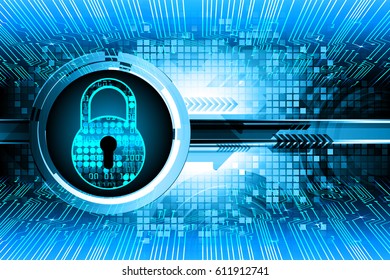 Safety concept, Closed Padlock on digital background, cyber security, Blue abstract hi speed internet technology background illustration. key