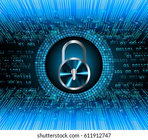 Safety concept, Closed Padlock on digital background, cyber security, Blue abstract hi speed internet technology background illustration. key