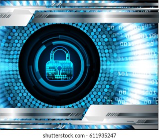 Safety concept, Closed Padlock on digital background, cyber security, Blue abstract hi speed internet technology background illustration. key