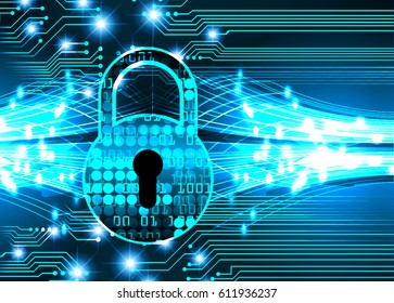 Safety concept, Closed Padlock on digital background, cyber security, Blue abstract hi speed internet technology background illustration. key