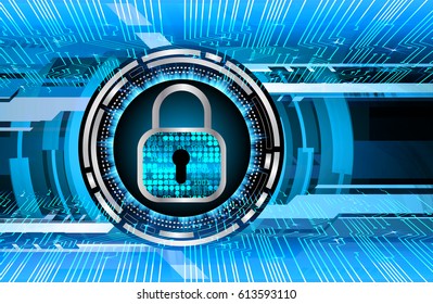 Safety concept, Closed Padlock on digital background, cyber security, Blue abstract hi speed internet technology background illustration. key