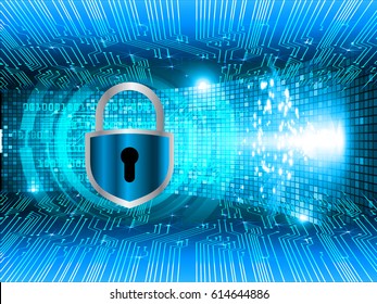Safety concept, Closed Padlock on digital background, cyber security, Blue abstract hi speed internet technology background illustration. key