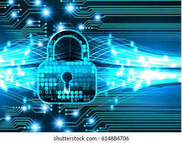 Safety concept, Closed Padlock on digital background, cyber security, Blue abstract hi speed internet technology background illustration. key