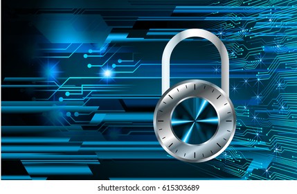 Safety concept, Closed Padlock on digital background, cyber security, Blue abstract hi speed internet technology background illustration. key