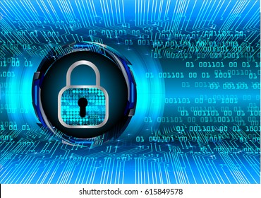 Safety concept, Closed Padlock on digital background, cyber security, Blue abstract hi speed internet technology background illustration. key