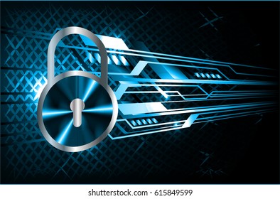 Safety concept, Closed Padlock on digital background, cyber security, Blue abstract hi speed internet technology background illustration. key