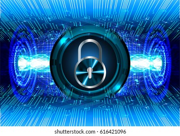Safety concept, Closed Padlock on digital background, cyber security, Blue abstract hi speed internet technology background illustration. key