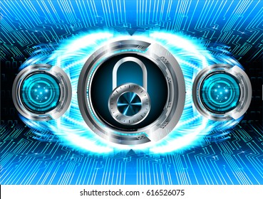 Safety concept, Closed Padlock on digital background, cyber security, Blue abstract hi speed internet technology background illustration. key