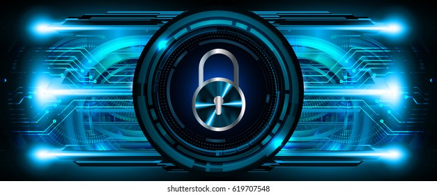 Safety concept, Closed Padlock on digital background, cyber security, Blue abstract hi speed internet technology background illustration. key