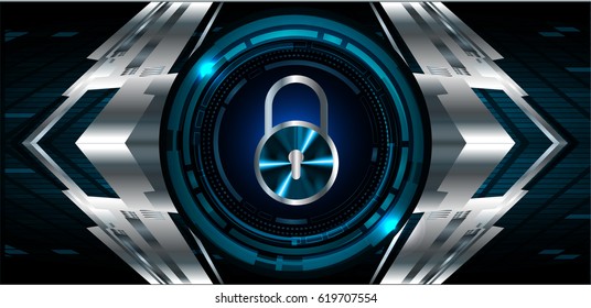 Safety concept, Closed Padlock on digital background, cyber security, Blue abstract hi speed internet technology background illustration. key