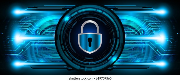 Safety concept, Closed Padlock on digital background, cyber security, Blue abstract hi speed internet technology background illustration. key
