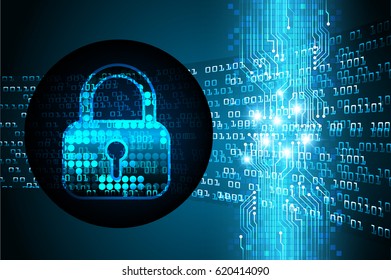 Safety concept, Closed Padlock on digital background, cyber security, Blue abstract hi speed internet technology background illustration. key