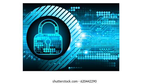 Safety concept, Closed Padlock on digital background, cyber security, Blue abstract hi speed internet technology background illustration. key