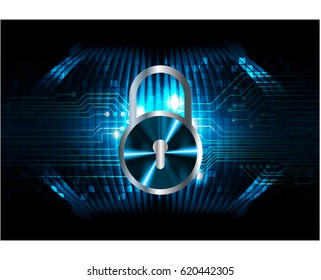 Safety concept, Closed Padlock on digital background, cyber security, Blue abstract hi speed internet technology background illustration. key